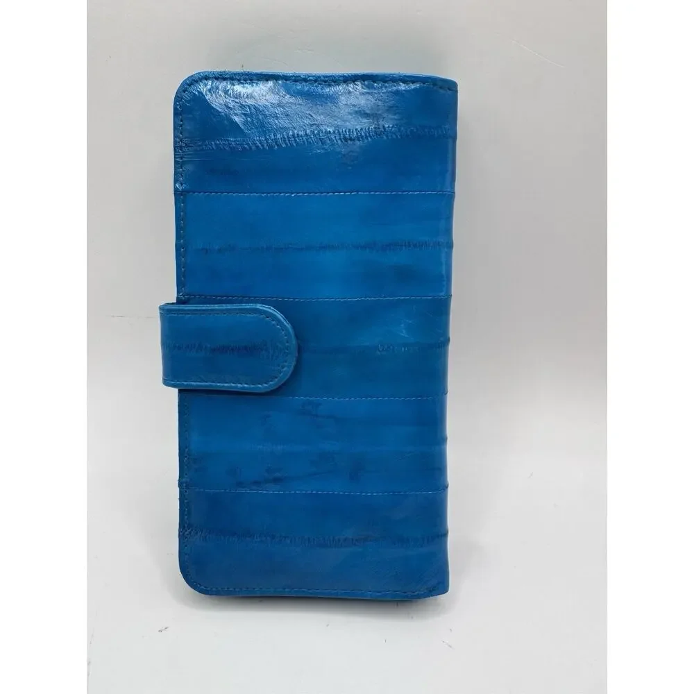 Eel Skin Leather Wallet Turquoise Blue Organizer Clutch + Keychain Vintage Teal - Picture 1 of 15